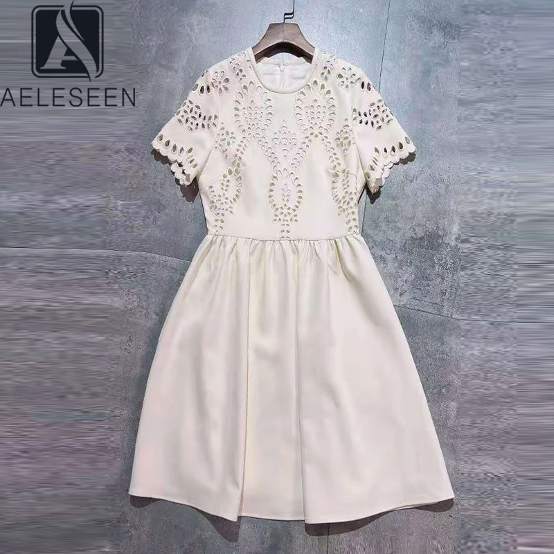 

AELESEEN Women Summer Elegant Dress Designer New Beige Hollow Out Black Embroidery Slim Mini Party Famale Dress