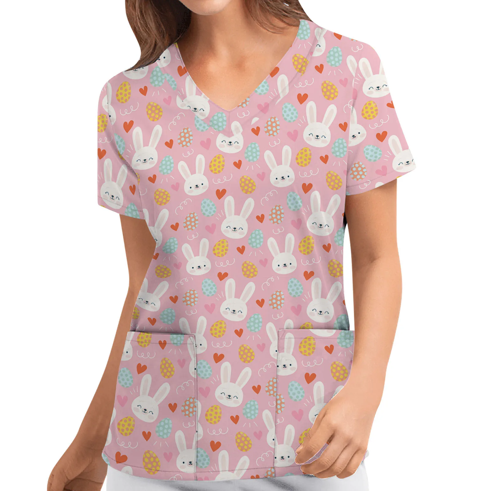 

S-XXL Cartoon cute bunny printing Women Short Sleeve V-neck Cartoon Pattern Tops Nursing Working Uniform T-shirts sabot femme F4