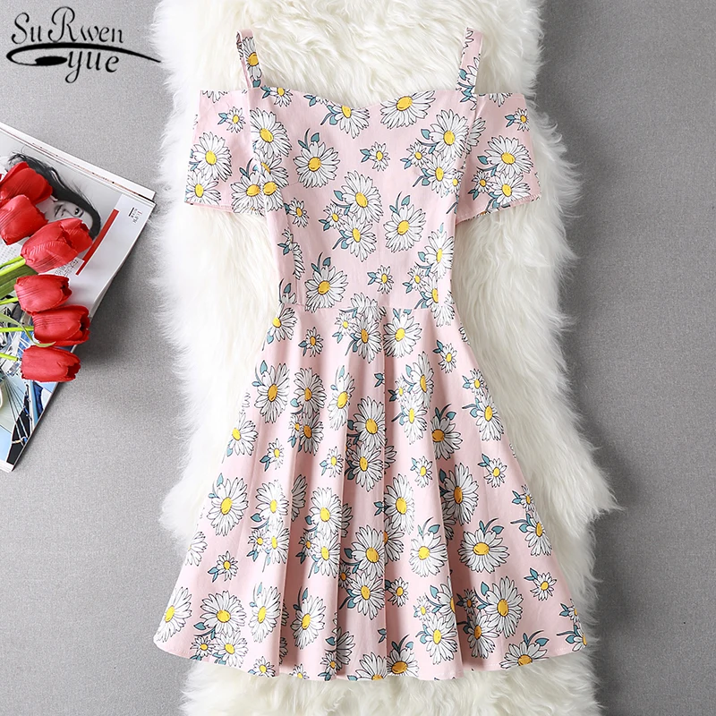 

Vestidos De Fiesta Spaghetti Strap Cotton Mini Dresses Sweet Women Summer Dress Slash Neck High Waist Floral Print Dress 10236