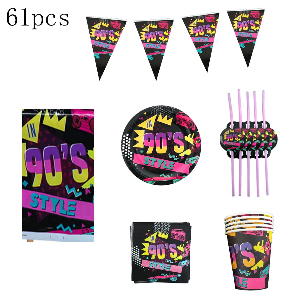 

61Pcs/Pack 90s Theme Birthday Party Disposable Tableware 90s Party Supplies Disposable Plates Napkins Cups Banners Tablecloths