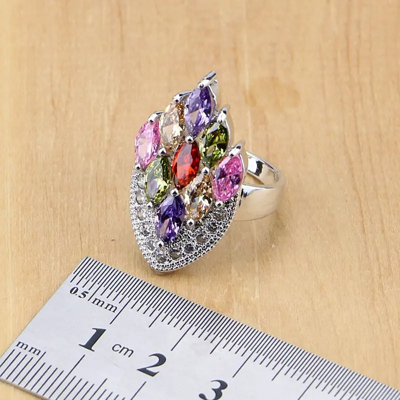 Комплект из колье и серёг серебра 925 пробы с разноцветными фианитами|jewelry sets for