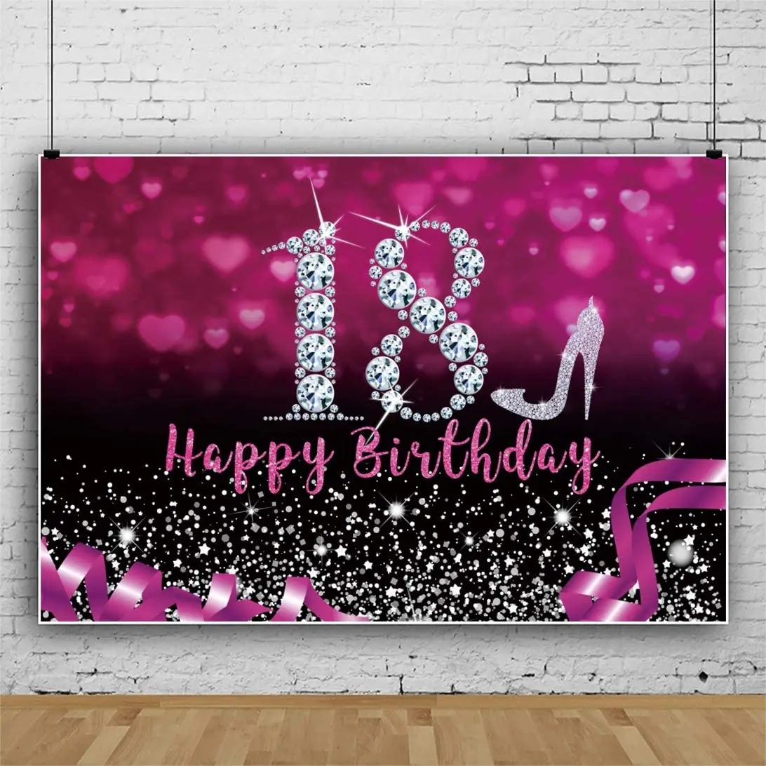 

Vinyl 18th Birthday Photography Backdrop For Girls Sparkle Diamond Purple Fuzzy Love Heart Facula Photo Background Banner