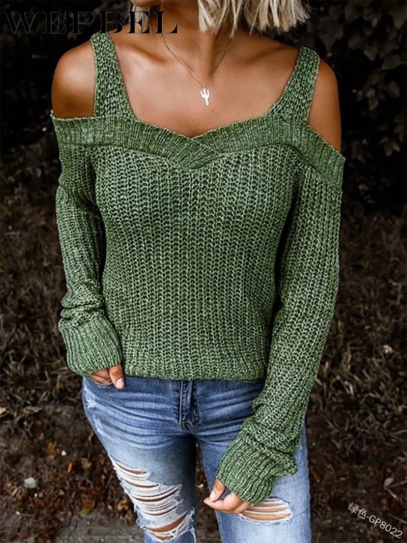 

WEPBEL Casual Long Sleeve Off Shoulder Sling Sweatshirt Pullover Outwear Women Autumn Sexy Thick Knitted Sweater