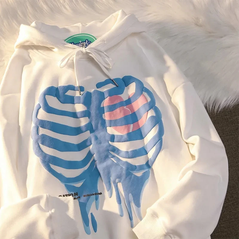 

Harajuku Hooded Sweatshirt Retro Skull Print punk Y2K clothing bar Round neck warm vintage park Streetwear Clothes Hoodie Size