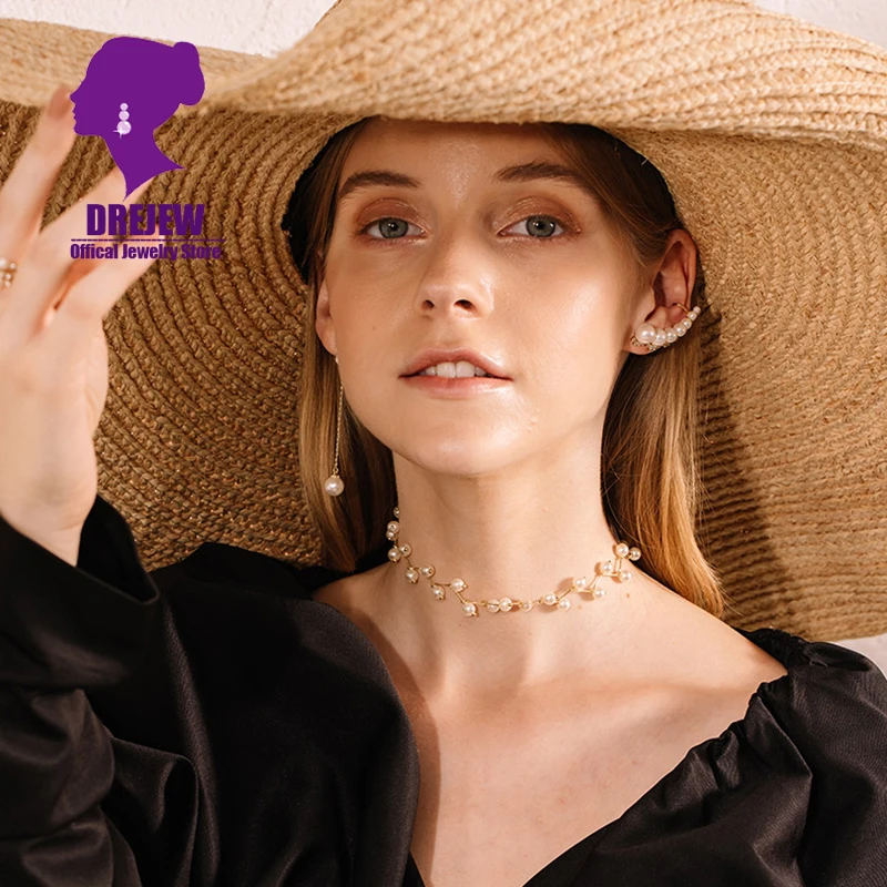 DREJEW Korean Short Pearl Crystal Statement Choker Necklaces Silver Gold Black Necklace for Women Friend Collares boho Jewelry