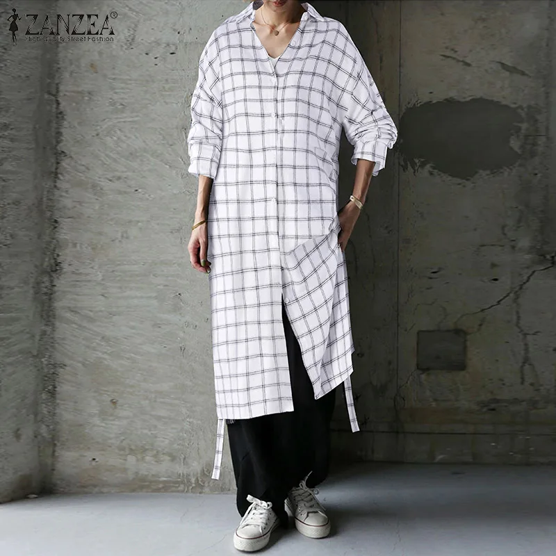 

ZANZEA Women Autumn Baggy Robe Holiday Split Hem Maxi Dresses Grid Printed Kaftan Dress Fashion Casual Full Sleeve Chic Vestidos