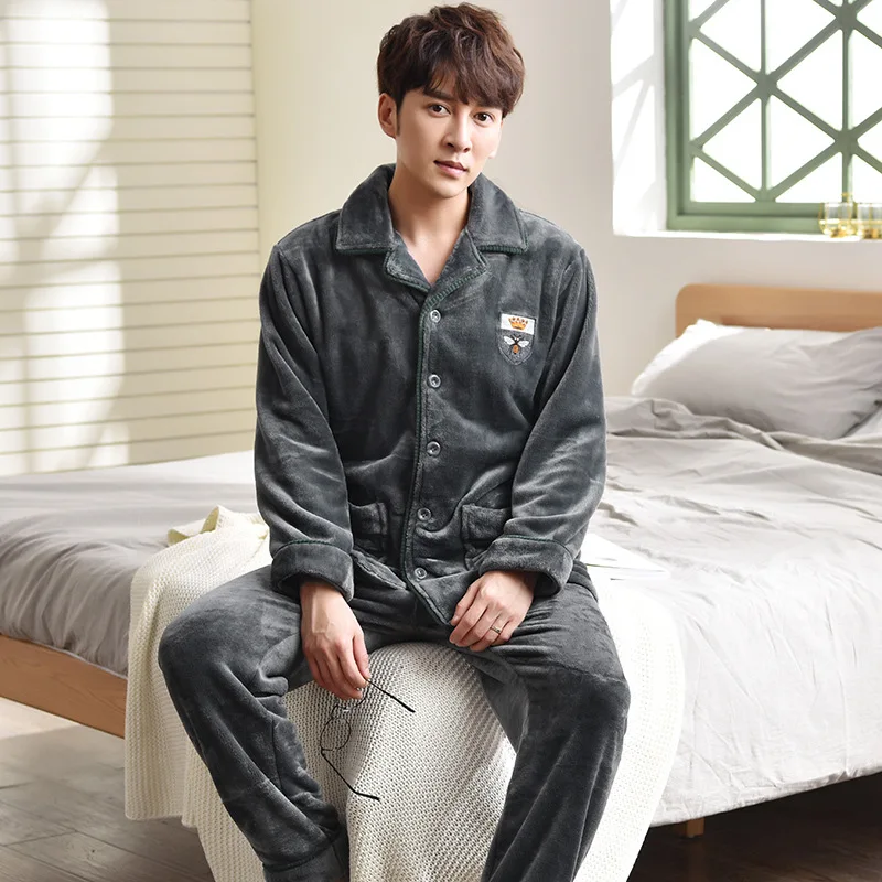 coral fleece plus velvet padded warm Pajamas men's autumn and winter plus oversized winter flannel men's home service suit