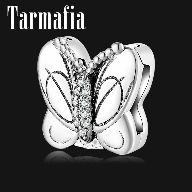 Очаровательные четкие CZ реалистичные серебряные бусины-зажимы в форме бабочки