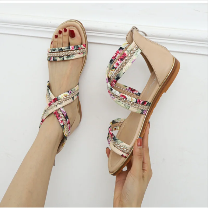 

Ladies sandals summer flat fairy style 2021 new floral cloth word with non-slip Roman shoes