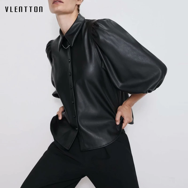 Autumn New Puff sleeve Short Blouse Women Fashion Button Solid Faux Leather Shirts Ladies Casual Black Tops Female Blusas