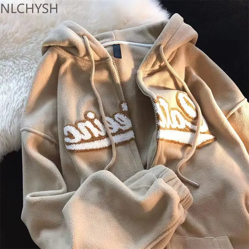 

New Polar Fleece Hoodies Women Casual Embroidery Clothes for Teens Sweatshirts Vintage Pink Tops Retro Winter Women Hoodie