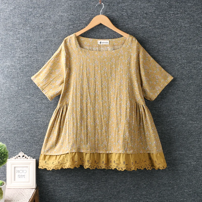 

2020 new summer fresh O neck floral shirt cotton loose tops short sleeve tops