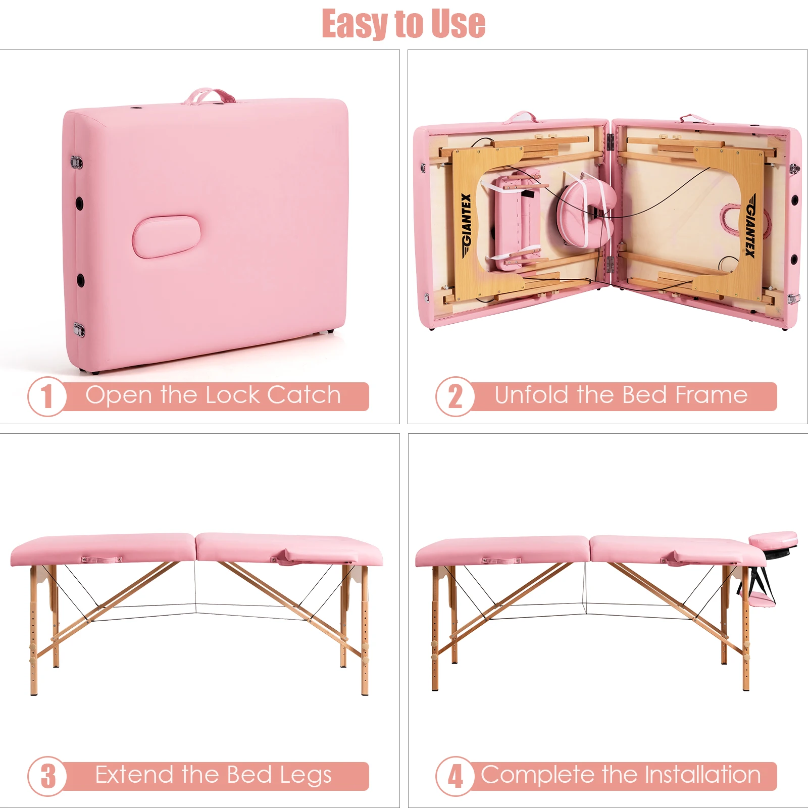 84"L Portable Massage Table Adjustable Facial Spa Bed Tattoo w/ Carry Case Pink images - 4