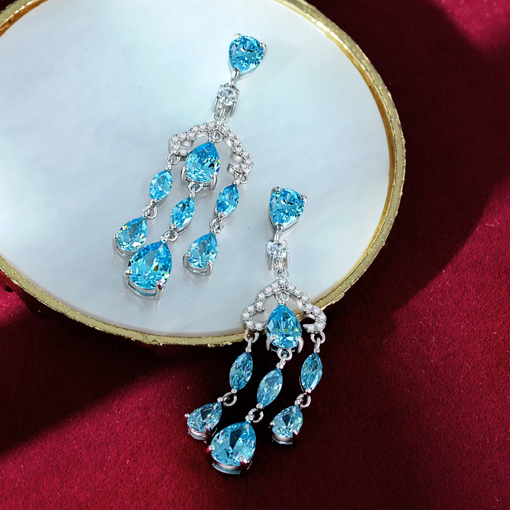 

Luxury 100% 925 Sterling Silver Cut Sky Blue High Carbon Diamond Wedding Engagment Dangle Earrings For Women Fine Jewelry Gifts