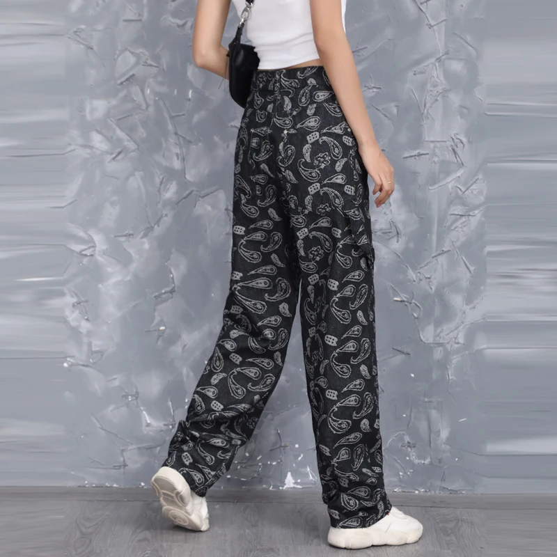 Уличные свободные джинсы в стиле хип-хоп с цветочным принтом кешью и вышивкой