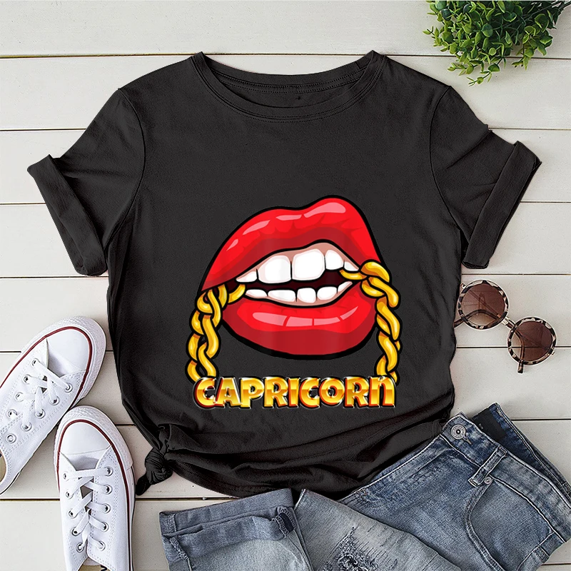 

2021 Lips Watercolor Graphic T Shirt Lip Women Tops Shirt Base O-neck Sexy Black Tees Kiss Lip Funny 12 Zodiac Girls Tshirt Tops