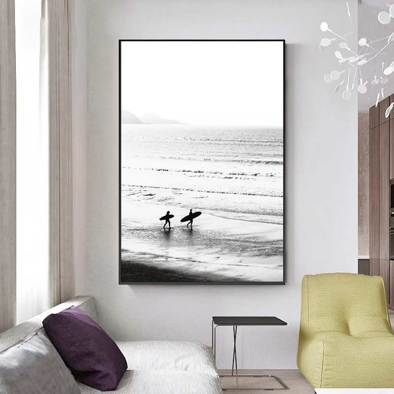 Картина на холсте из микроавтобуса пляжа серфинга черно белый постер
