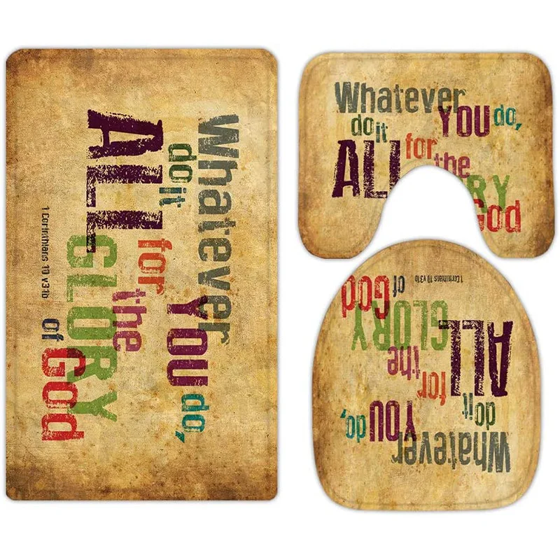 

Inspirational bible quotes bathroom carpet 3-piece set U-shaped cushion non-slip goose down toilet seat washable