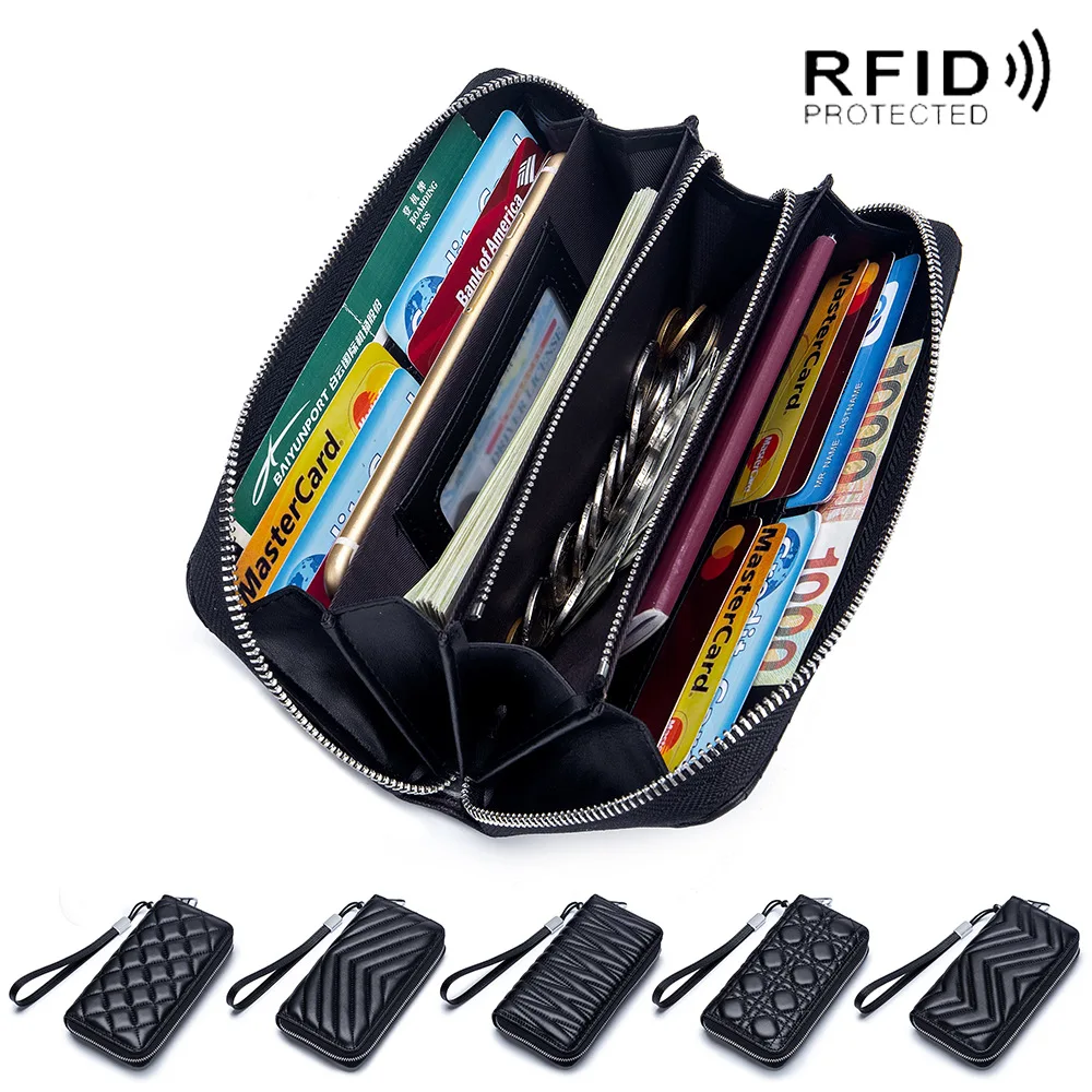 

RFID Women Long Clutch Bag Luxury Brand Phone Wallet Solid Color Stripes Black Ladies Wallet Coin Purse Card Holder Money Bags