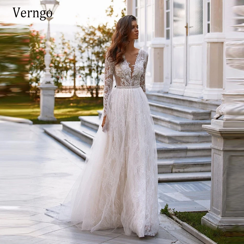 

Verngo 2021 Exquisite Lace Floral Wedding Dresses Long Sleeves A Line V Neck Tulle Keyhole Back Ribbon Sweep Train Bridal Gowns