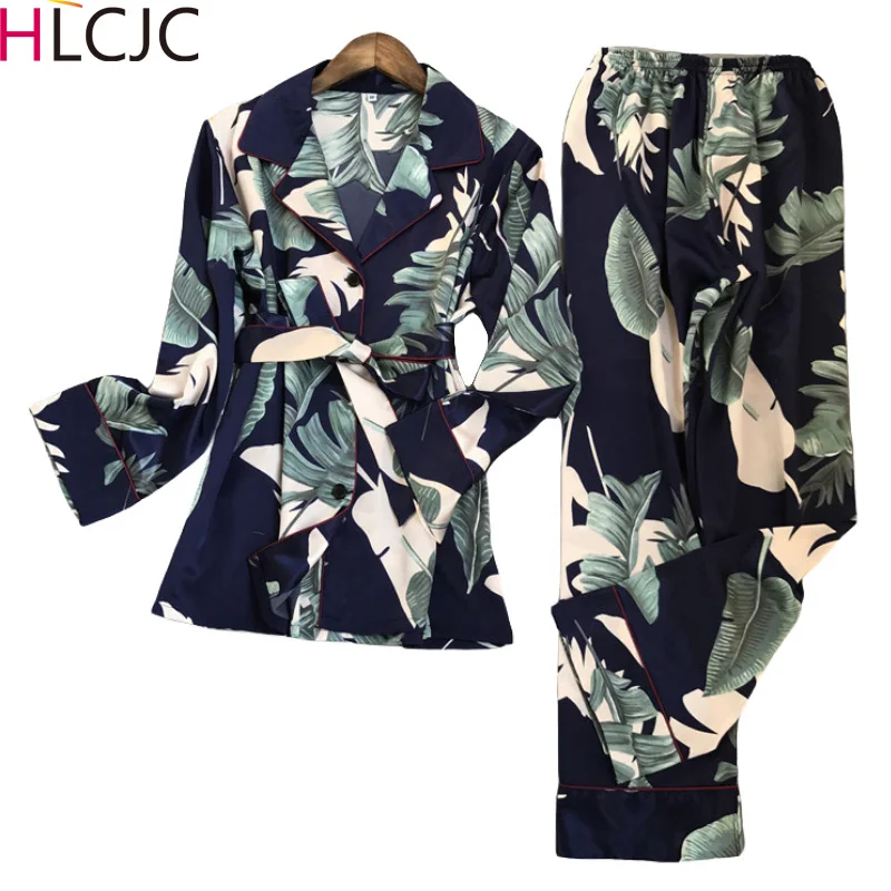 Новинка женские шелковые пижамы с поясом роскошные весенние принтом верхняя