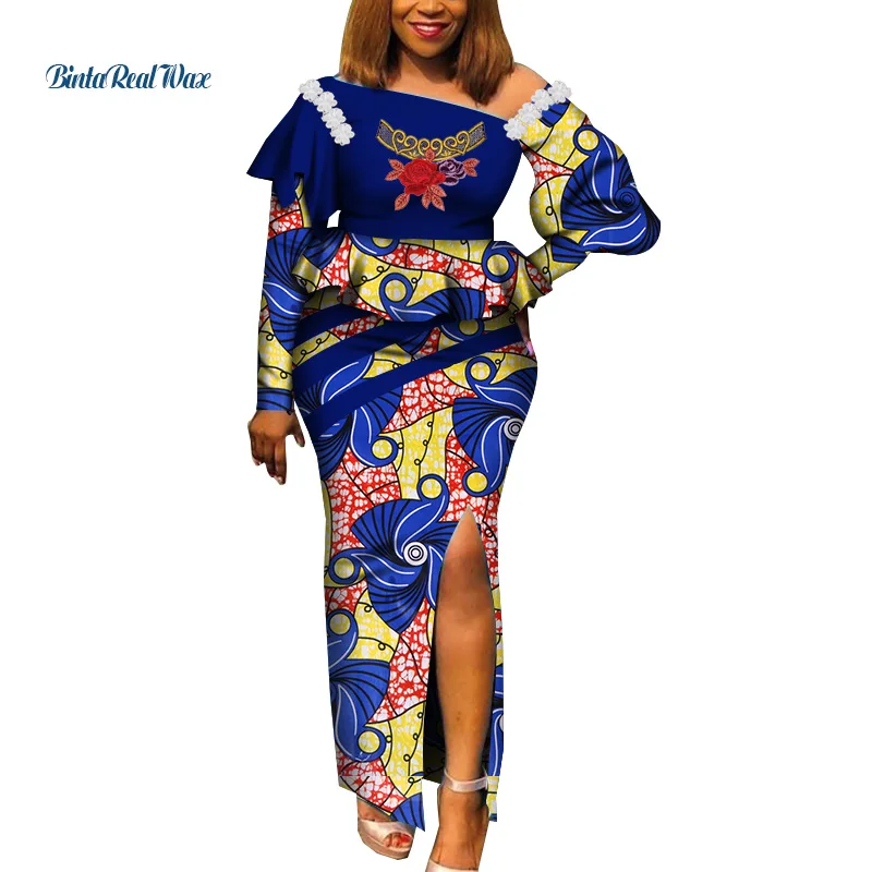 

African Dresses for Women Bazin Riche Long Sleeve Flower Lace Elegant Dress Party Dress Vestidos Women African Clothing WY7095