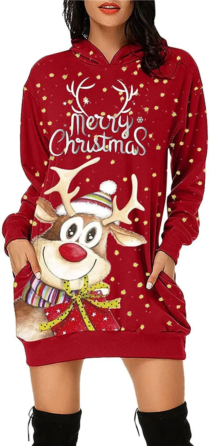 

2021 Autumn And Winter New Women's Long-sleeved Sweater Dress Christmas Letter Printing Hooded Skirt Casuals Loose A-line Skirts