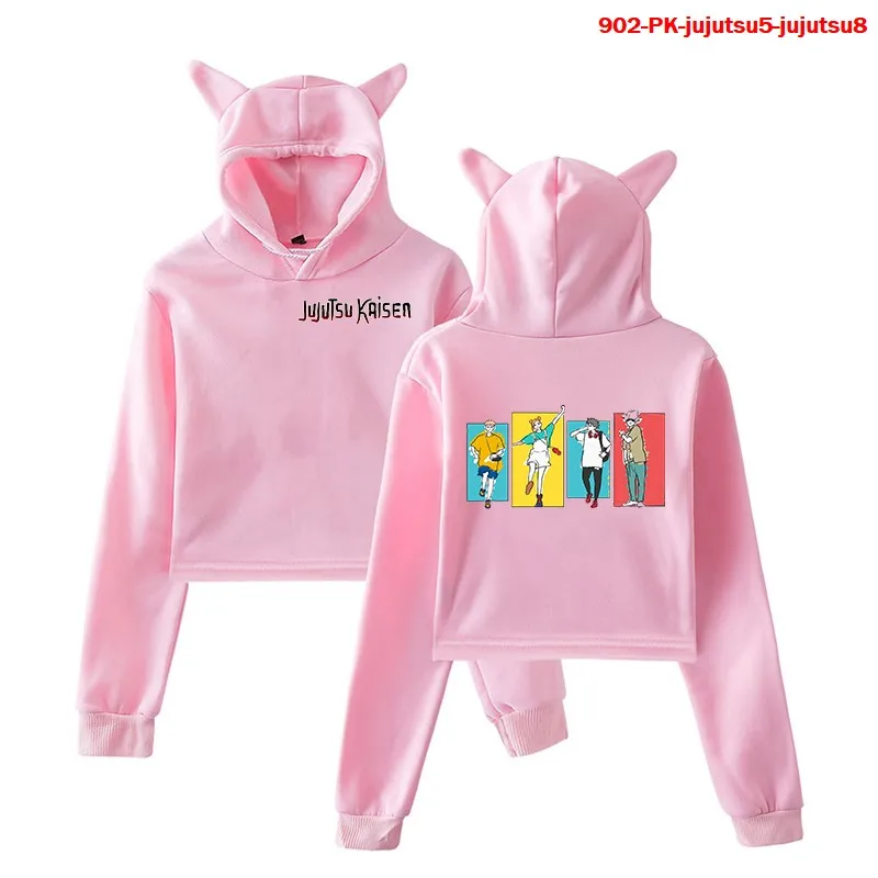 

Jujutsu Kaisen Cropped Hoodies Girls Casual Cat Ear Sweatshirt Women Long Sleeve Hooded Pullover Tops Female Streetwear New