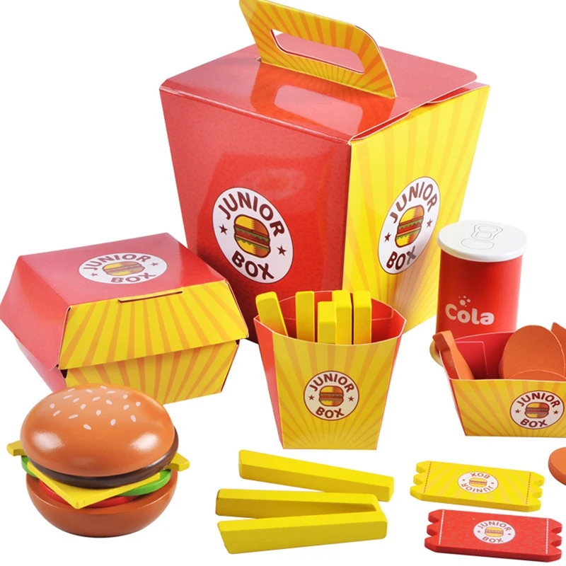

Simulation Wooden Hamburger Fries Fast Food Model Set Kids Pretend Play Toy Creating Stacking Burger Combinations Kids
