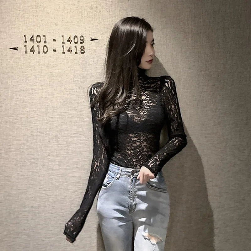 

Jlong Sexy Lace T-shirt Women Fashion High Collar Long Sleeve T-shirts Women's Tops
