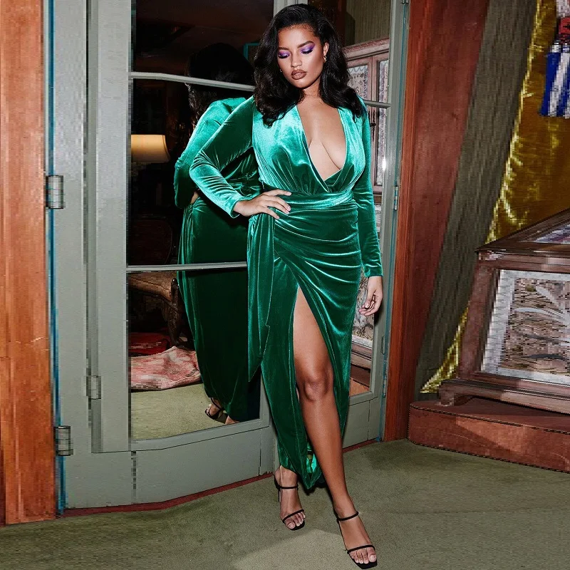 

2020 New Green Women Long Sleeve Velvet Dress Sexy Deep V Neck High Slit Bodycon Fashion Draped Sashes Party Long Vestidos