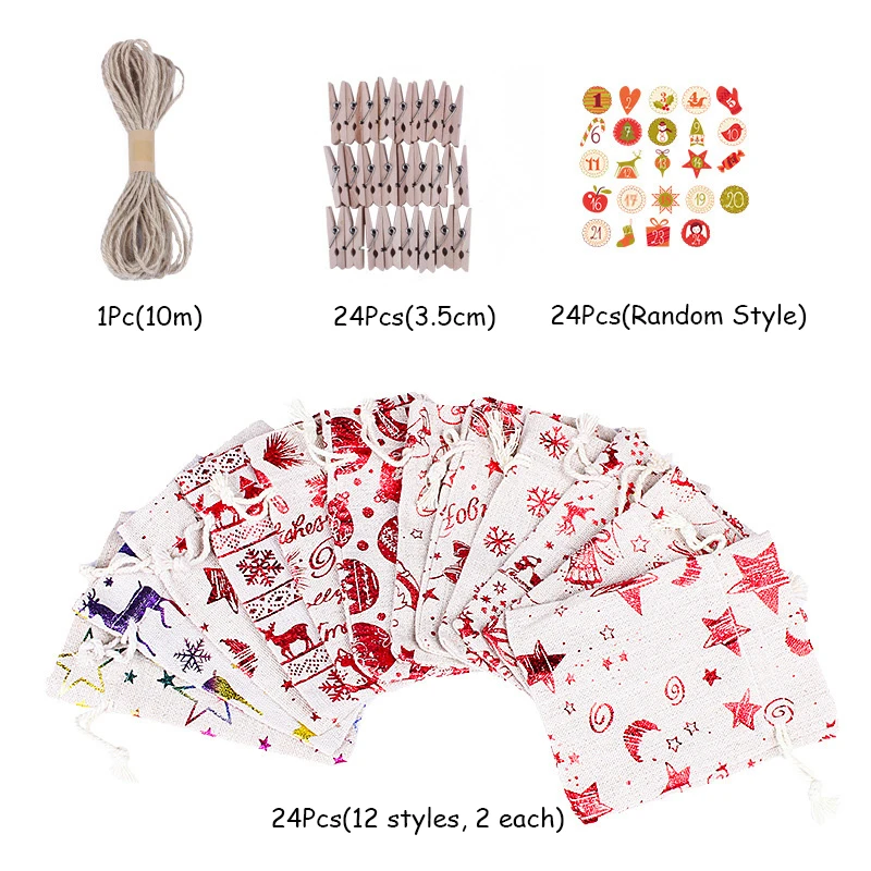 

Linen Christmas Bags Set Drawstring Candy Bag Gift Bag Jewelry Packaging Bag Favors Pouches With Hemp Rope&Wooden Clip&Stickers