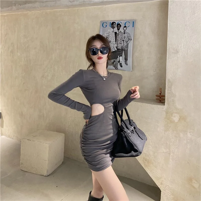 

One-Piece 2021 Hong Kong Style Spring Summer Chic Dress French Buttocks Slim Was Thin Dress Sexy Show Waist Long-Sleeved Dresses