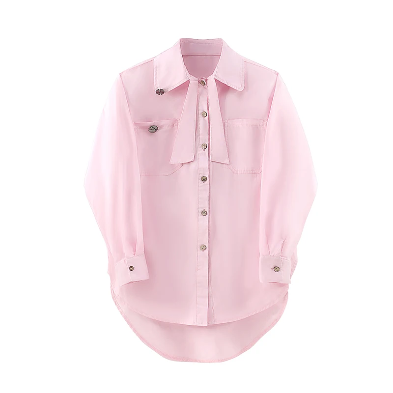 

2020 summer new pink design sense niche three-quarter sleeve bow tie irregular front short back long shirt female