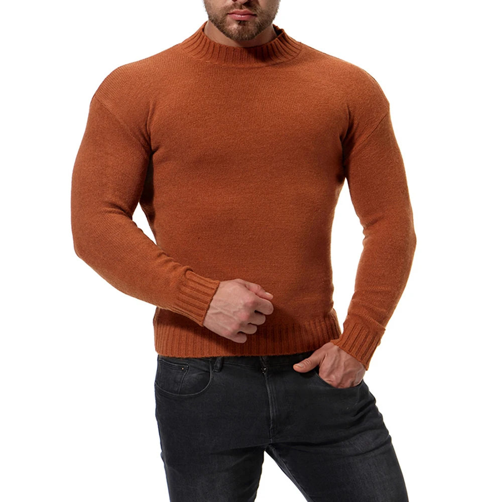 Мужская тонкая рубашка с высоким воротником однотонная вязаная кофта капюшоном