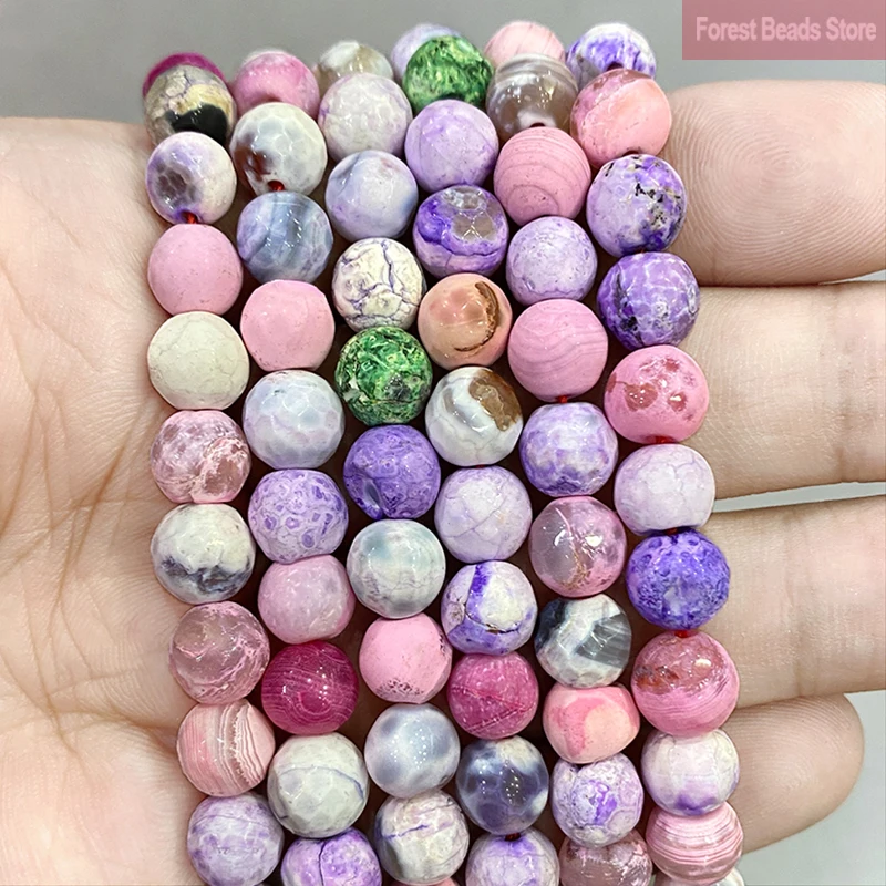 

8mm Frost Purple Pink Cracked Fire Dragon Veins Agates Round Loose Beads Diy Handmade Bracelet for Jewelry Making 15'' Strand