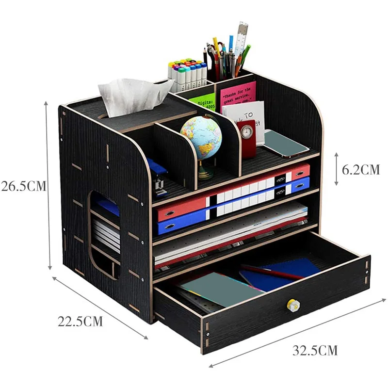 

Desk Organiser, Desktop Organizer Wooden with Drawer Pen Pencil Holder Storage Box for Desk Office (Black)