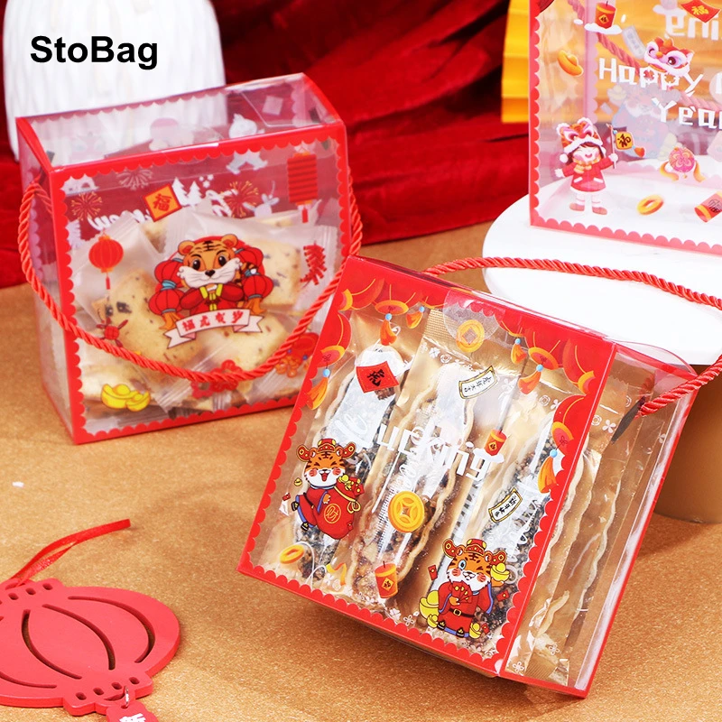 

StoBag, 10 шт., китайский новый год, ручное печенье, упаковка, прозрачная коробка с ручками, искусственный подарок, сувениры 2022 Tiger