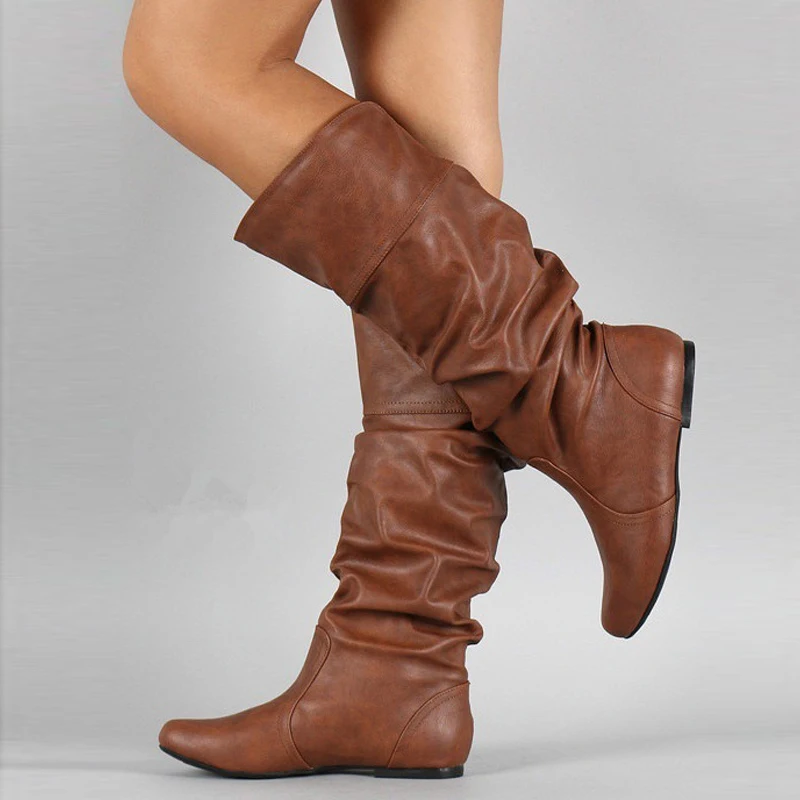 

Leisure Pointy Toe Flat Heels Mid Calf Women Boots PU Leather Casual Slip-on Bootas Comfortable Spring Autumn Daily Commuting