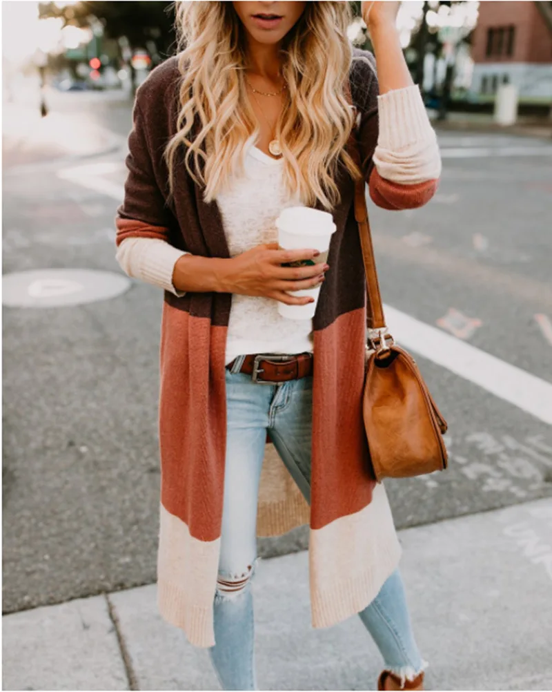 

European and American Autumn and Winter Models Long-Sleeved Three-Color Stitching Cardigan Sweater Coat Women's Clothing
