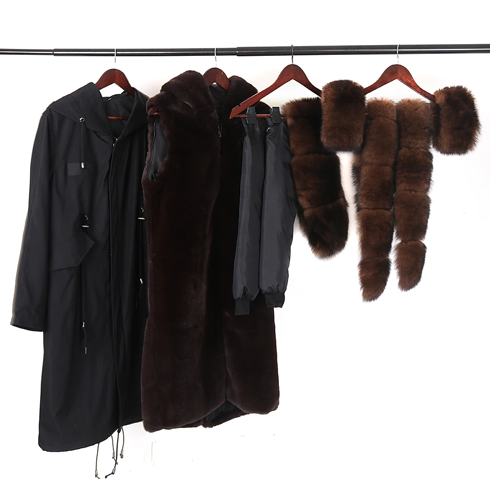 

Real Fox Fur Coat Women X-Long Parka Waterproof New Winter Jacket Big Natural Fur Collar Thick Warm Artificial Rabbit Fur Liner
