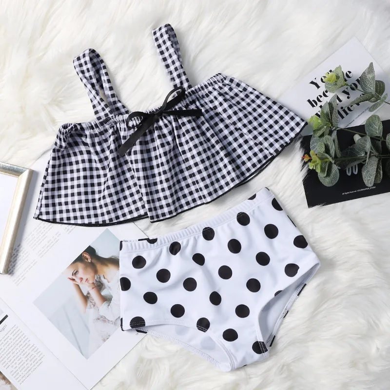 Купальный костюм для маленьких девочек в горошек клетка бикини с высокой талией