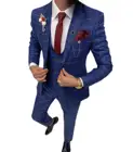 Мужской костюм в клетку из 3 предметов, бежевый приталенный костюм из 3 предметов, модный клетчатый синий фиолетовый костюм для свадьбы (пиджак + брюки + жилет)