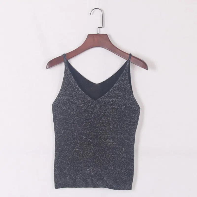 Майка женская трикотажная с V-образным вырезом пикантный топ золотыми нитями