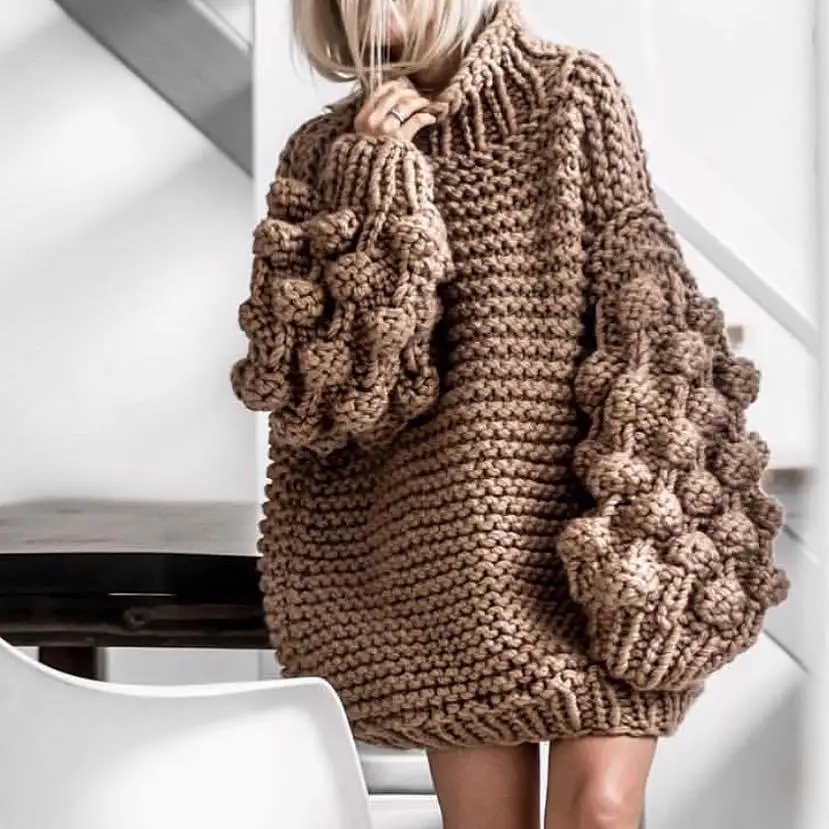 Cable Knit Sweater Women Autumn Winter Vintage Lazy Wind Balls Lantern Sleeve Hand-knitted Chunky Mohair Pull femme | Женская одежда