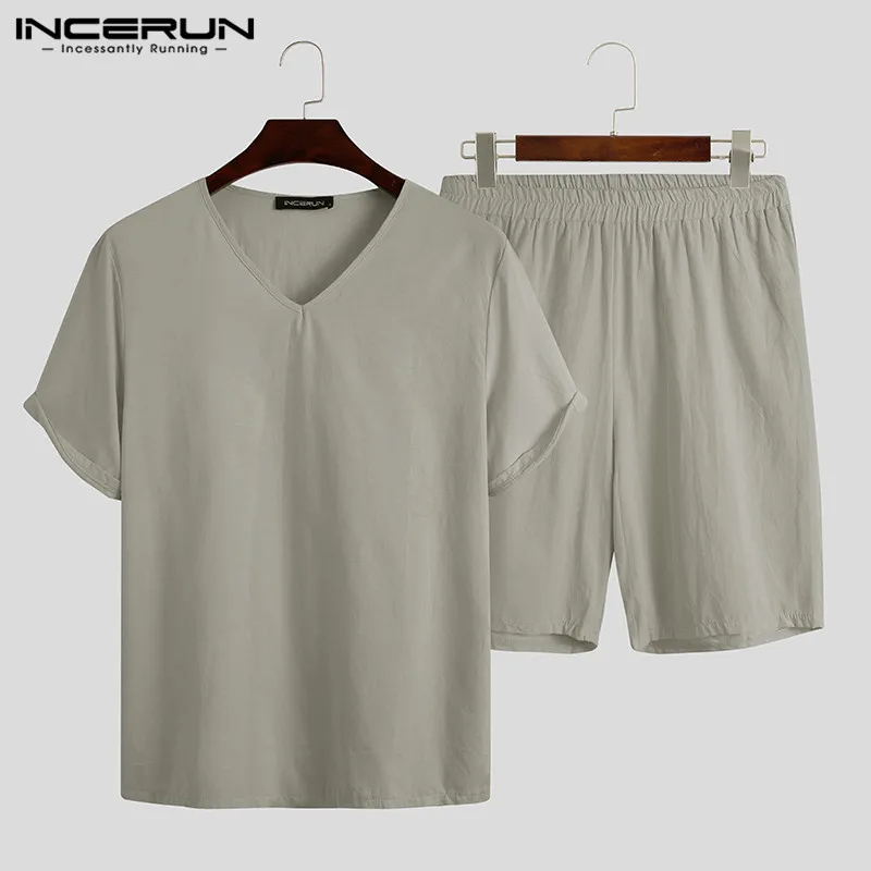 

Vintage Men Pajamas Sets Cotton Short Sleeve V Neck Sleepwear Casual Shorts Solid Breathable Men Nightwear Sets 2 Pieces INCERUN