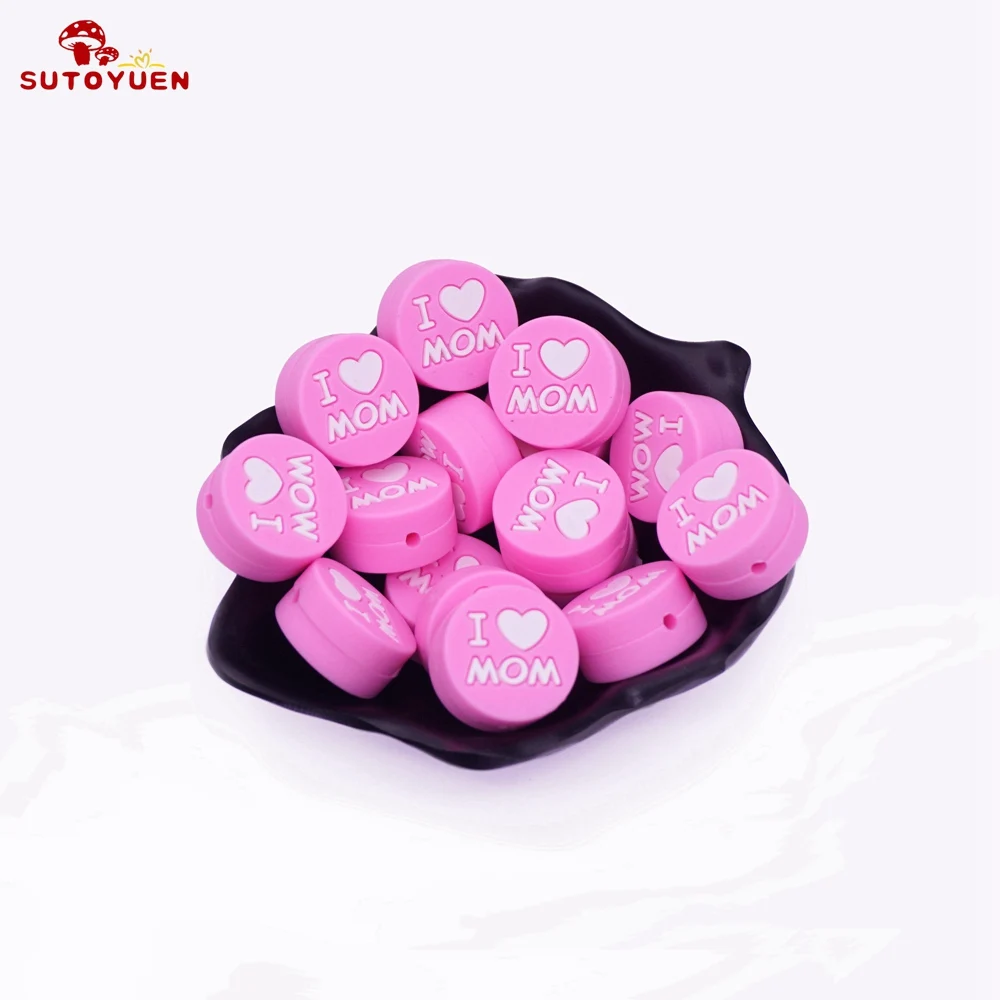 Pink love mom 5 шт. силиконовые бусины I Love DAD плоские круглые Прорезыватели для зубов детский Прорезыватель застежка ожерелье Изготовление ювелирных изделий пищевой - Цвет: Pink love mom