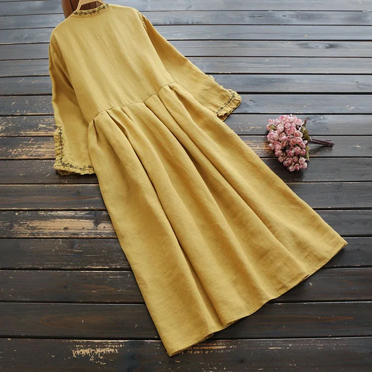 Женское платье из хлопка и льна с вышивкой весна осень 2020 СВОБОДНЫЙ Модный