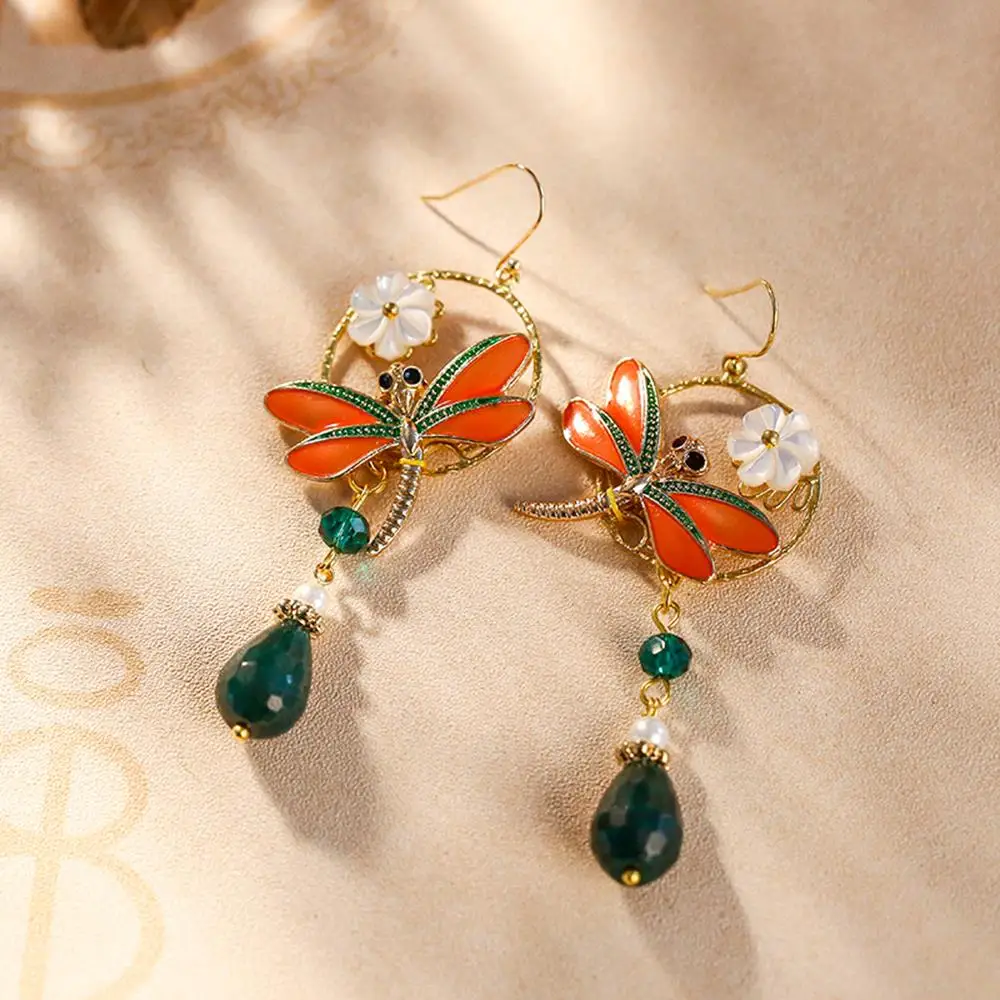 Оранжевые сплав стрекоза зеленый раздел J ade этнические висячие серьги кристалл