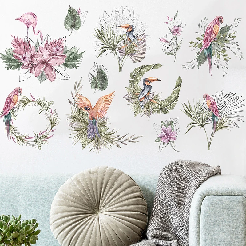 

Painted Tropical Plants Birds On The Wall Stickers pvc Sofa Backgrond Decor Diy Room Decoration Removable Wallpaper Vinyl Poster